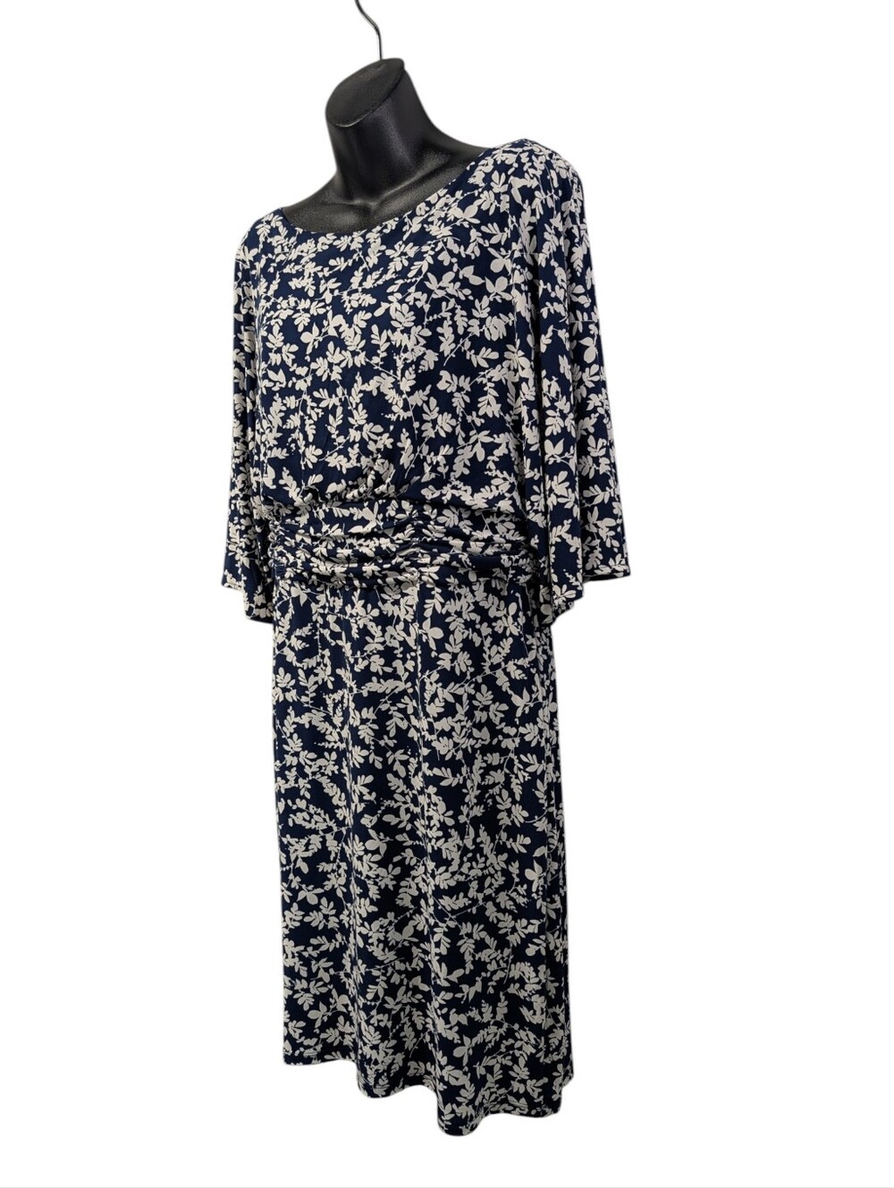 JMH Size 14 Navy White Leaf Print Midi Dress Flutter Sleeve Stretch Half Sleeve - Picture 3 of 9